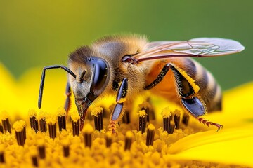 Macro photo of a honeybee on a sunflower, collecting pollen with every tiny hair on its body perfectly visible