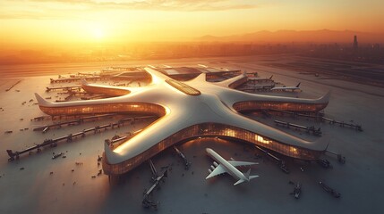Aerial view of futuristic transportation hub with sleek interconnected terminals