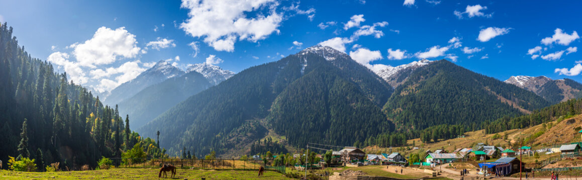 Serene Landscape of Aru valley near Phalgam town in Anantnag district of Jammu and Kashmir, India. It is famous for lush green meadows, snow-capped peaks and scenic trekking trails.