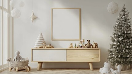 Minimalist Nursery Interior with Wooden Toys and Christmas Tree