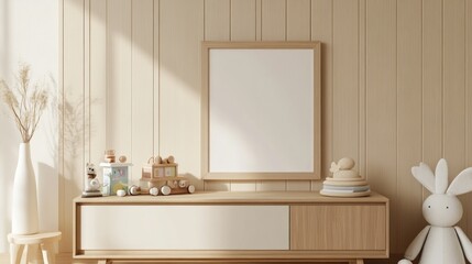 Minimalist Nursery with Wooden Toys and Blank Canvas