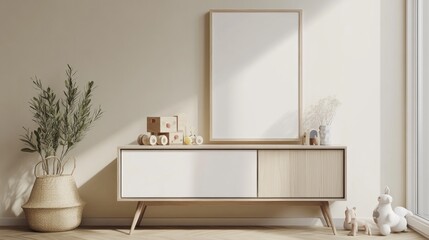 Minimalist Nursery Interior with Wooden Toys and a Blank Canvas