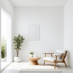 3D Render of a modern living room with a white chair and a wooden table.