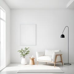 3D Render of a modern living room with white furniture and a black floor lamp.