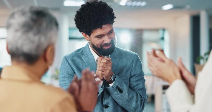 Applause, success and support you with business people in office together for bonus or promotion. Celebration, congratulations and thank you with employee team clapping at work for deal or motivation