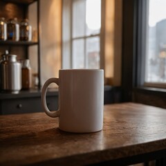 3D Render of a white mug on a wooden table in front of a window.