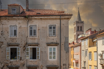 Streets, alleys and buildings of a historic Mediterranean old town on the Mediterranean Sea. A...