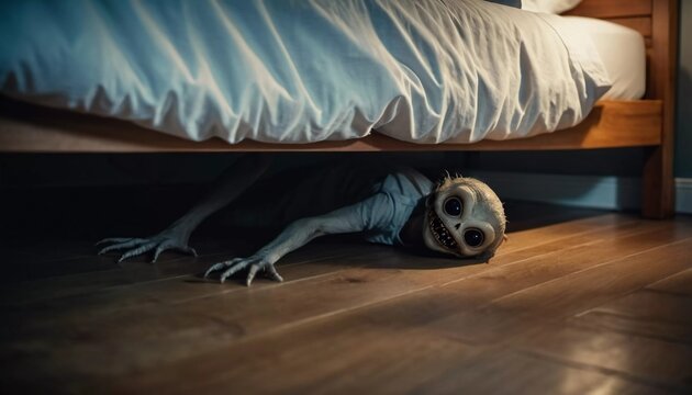 Terrifying nightmare creature lurking beneath bed in dimly lit bedroom, capturing essence of fear and unknown at night. Grotesque creature with haunting features emerges quietly from under the bed. AI