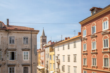 Streets, alleys and buildings of a historic Mediterranean old town on the Mediterranean Sea. A sunny day in the coastal town with a port on the Adriatic Sea, Zadar, Dalmatia, Croatia