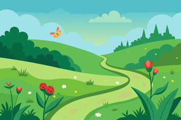 Fototapeta premium Vector illustration of a lush green meadow with wildflowers landscape. 