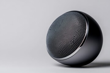 A high-quality, wireless, portable speaker, isolated on a white background. Featuring a sleek grey finish, this speaker is perfect for listening to music on the go. It represents portability, convenie