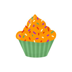 Muffin clipart in color, with sprinkles. In a green wrapper. In cartoon style. Stock isolated image on white background. Picture for sweets and snack illustration, holiday and baby design.