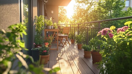 modern balcony with wooden flooring, surrounded by green plants and flowers