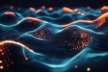 Abstract digital waves with glowing orange and blue dots, resembling a futuristic virtual landscape, ideal for technology backgrounds.