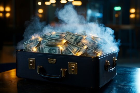 Mafia deal going down in a smoky backroom as a suitcase filled with cash changes hands under a table