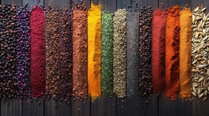 Colorful Spices Arranged in Lines on Dark Wooden Background