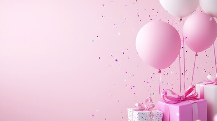 A vibrant and lively scene that features an array of pink balloons, colorful confetti, and beautifully wrapped gifts, making it the ideal backdrop for various celebrations and festive events