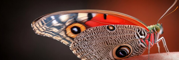 Fototapeta premium A mesmerizing close-up of a butterfly's wing, showcasing intricate patterns and vibrant colors. The image symbolizes beauty, fragility, transformation, and the wonder of nature.