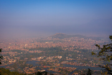 Panoramic aerial view of Srinagar city also known as city of lakes from Shankaracharya temple,...