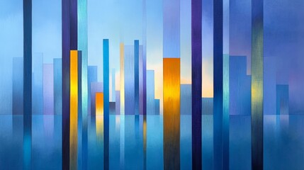 A minimalist cityscape depicted in vibrant colors with vertical lines representing buildings, evoking a sense of urban energy, modern architecture, and a dynamic skyline.