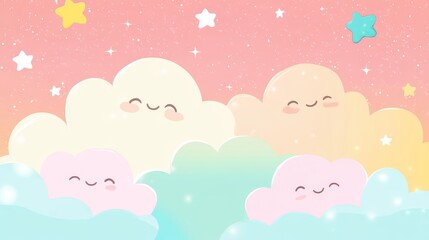 A whimsical and enchanting illustration featuring fluffy, pastelcolored clouds and sparkling stars set against a soft, beautiful pink background, which evokes feelings of dreams and fantasy