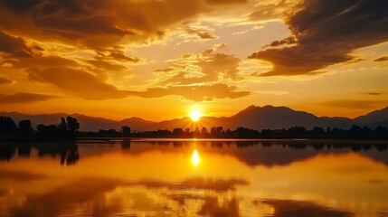 Naklejka premium Sunset sky clouds, lake, golden hour.