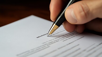 Close-up of a hand using a pen to sign a document, symbolizing agreement, contract, or business deal. Professional and legal context.