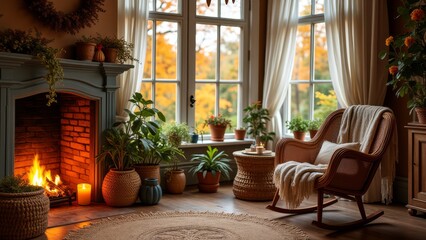 Fototapeta premium Generative AI, a rocking chair in front of a fireplace with a view of the woods outside of it and a rocking chair in front of a fire place, Dennis Ashbaugh, cozy, a digital rendering, arts and crafts 