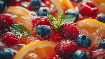 Close-up of colorful fruits including raspberries, blueberries, and orange slices with mint leaves, creating a refreshing and vibrant composition.