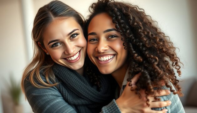 Dos mujeres amigas sonriendo, felices, amistad