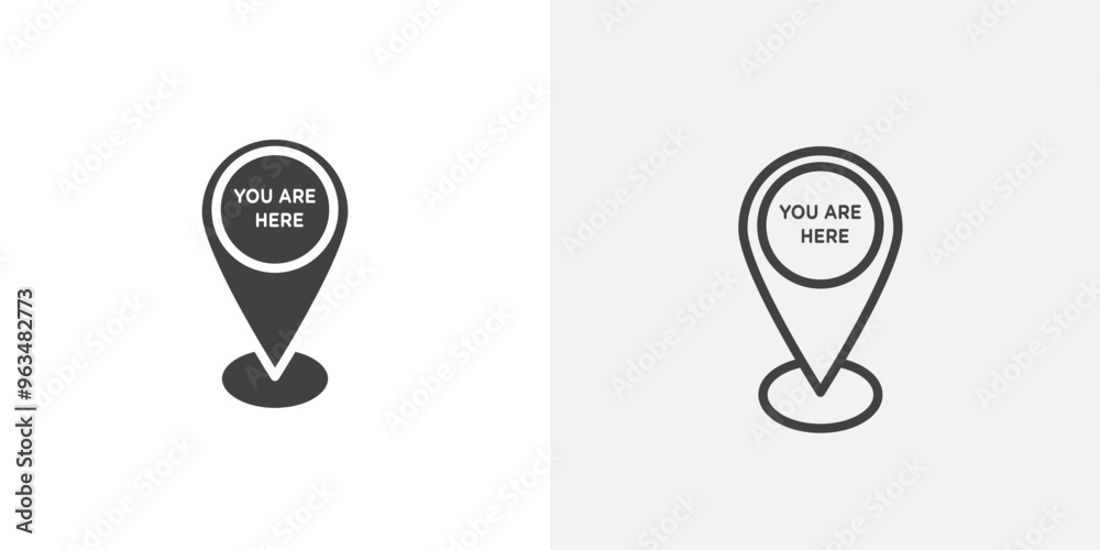 Poster You are here pointer icon in black filled and outlined style