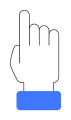 A hand with an index finger pointing upwards, outlined in black, and a blue cuff. Ideal for presentations, web design, hand icons, cursor symbols, and digital art.