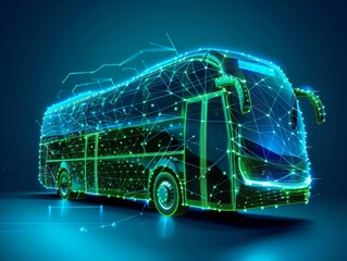 Digital green high-speed bus in low poly wireframe, the future of logistics and public Transportation management. Smart Cities and Connected Transport Networks , Autonomous and Self-Driving.	
