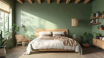 Bed room interior ,mid-century modern style A stylish and cozy relaxing room under the roof ,soft green wall ,3d render.generative ai