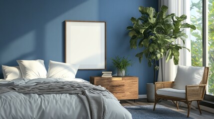Minimalist Bedroom Interior Design with Blue Wall