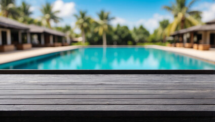 The empty black wooden table top with blur background of swimming pool on the beach. For product display