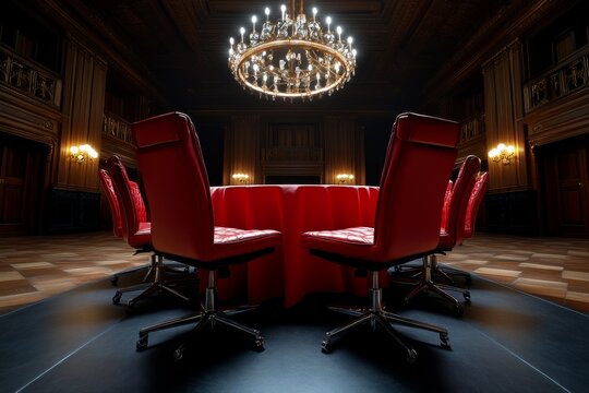 Mafia meeting in an old Italian restaurant, whispered conversations under the glow of dim chandeliers, plotting their next big move