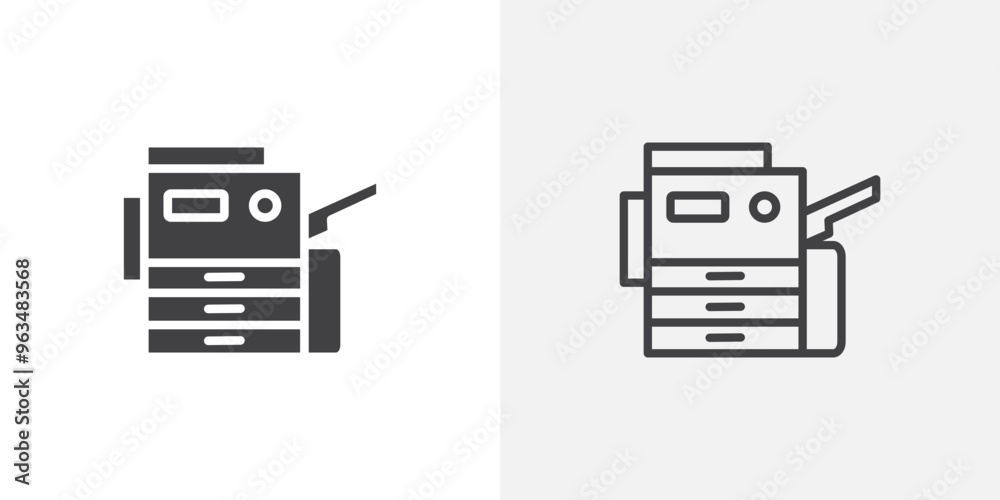Poster copy machine icon in black filled and outlined style
