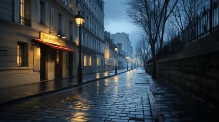 Fototapeta premium A picturesque scene of a narrow Parisian street at dusk, showcasing the charm of cobblestone streets and the warm glow of streetlights. The ambiance is tranquil, with an air of mystery and romance.