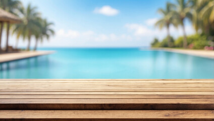 The empty wooden table top with blur background of swimming pool on the beach. For product display