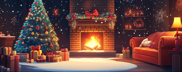 Obraz premium Cozy Christmas living room with decorated tree, gifts, and a roaring fireplace, creating a warm festive atmosphere.
