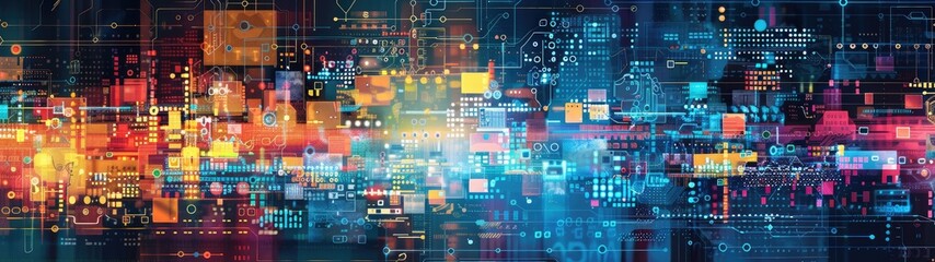 Obraz premium Colorful abstract representation of digital technology with interconnected data points, creating a futuristic and dynamic visual experience.