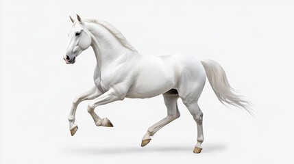 Fototapeta premium A powerful white horse in mid-stride, captured against a clean white backdrop. It symbolizes freedom, grace, strength, and pureness.