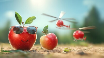 A red apple wearing sunglasses and smiling, with two toy helicopters flying in the background. The image conveys a sense of fun, summer, and joy.