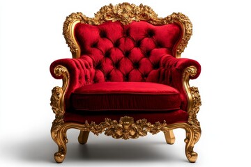 A regal and elegant vintage throne chair with a deep red velvet upholstery and intricate gold carvings. It symbolizes luxury, power, royalty, and comfort.