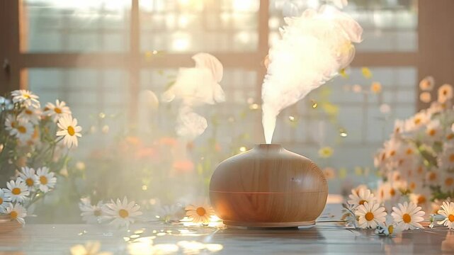 An aromatherapy diffuser releases a fragrant mist, creating a serene and inviting atmosphere.