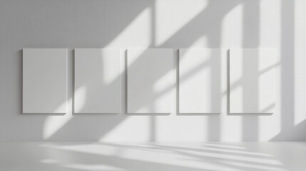 minimalist gallery with five blank canvases and