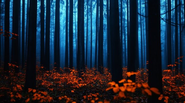 A serene and evocative scene of a forest at twilight, with tall trees silhouetted against a blue sky and a carpet of red leaves on the ground.  The image conveys a sense of peace, mystery, and the bea