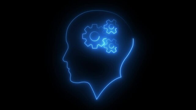 Glowing neon line blue color Human head with gear silhouette icon isolated on black background. Human head with gear neon line settings icon animation. on black background