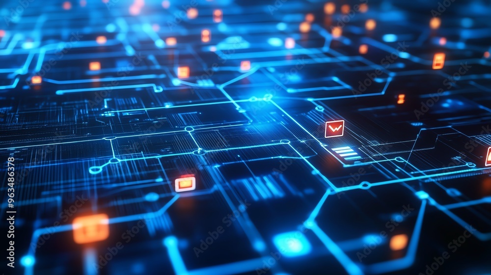 Wall mural futuristic digital data network visualization with glowing nodes and circuits representing technolog